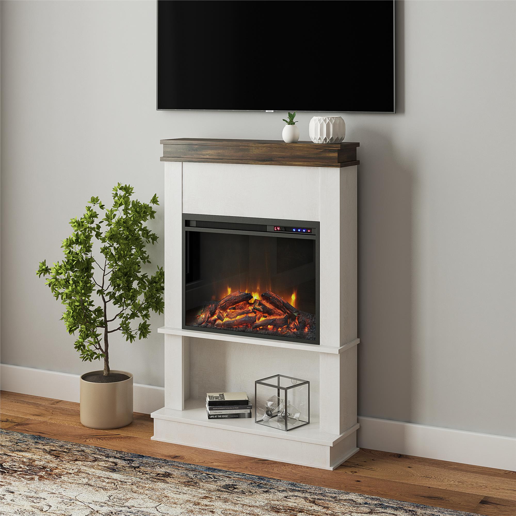 Ameriwood Home Mateo Electric Fireplace with Mantel and Open Shelf - Ivory Oak