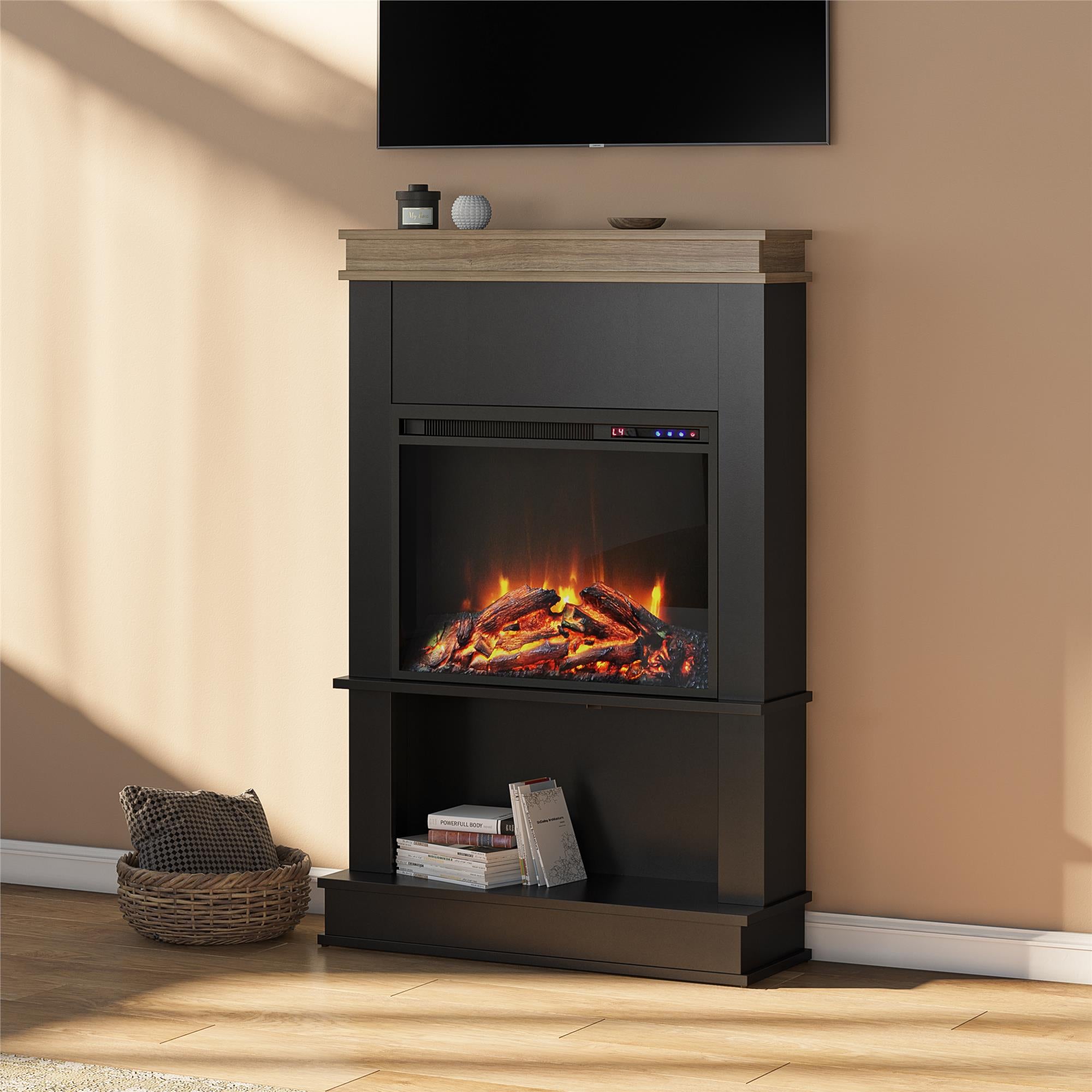 Ameriwood Home Mateo Electric Fireplace with Mantel and Open Shelf - Black