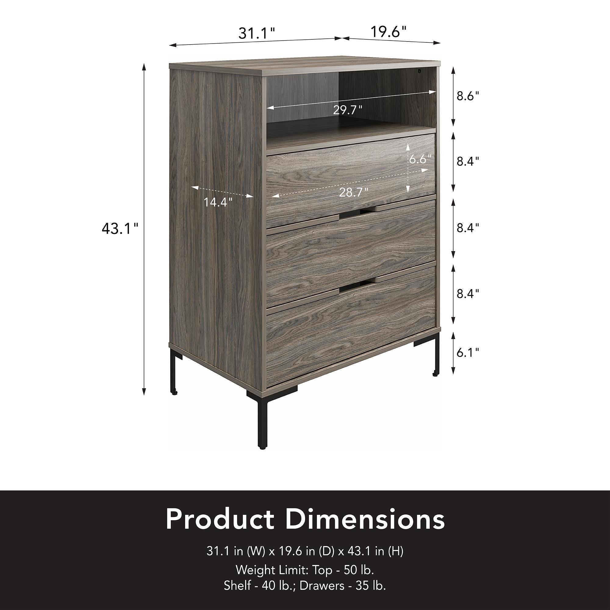 Ameriwood Home Rolland Tall 3-Drawer 1 Cubby Dresser - Weathered Oak