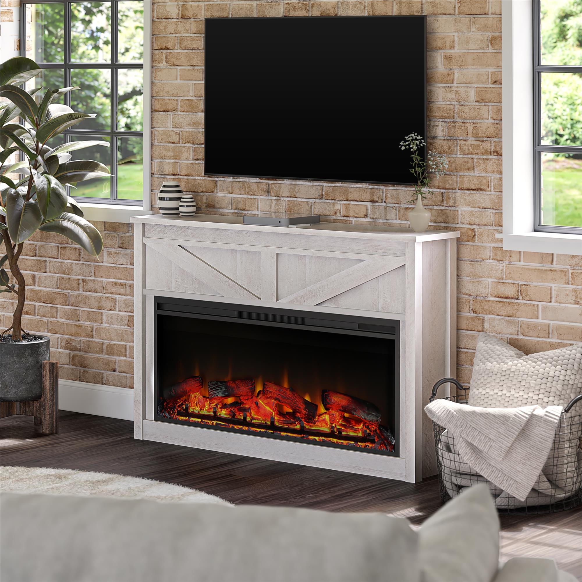 Ameriwood Home Farmington Wide Modern Farmhouse Mantel with Electric Fireplace - Ivory Oak