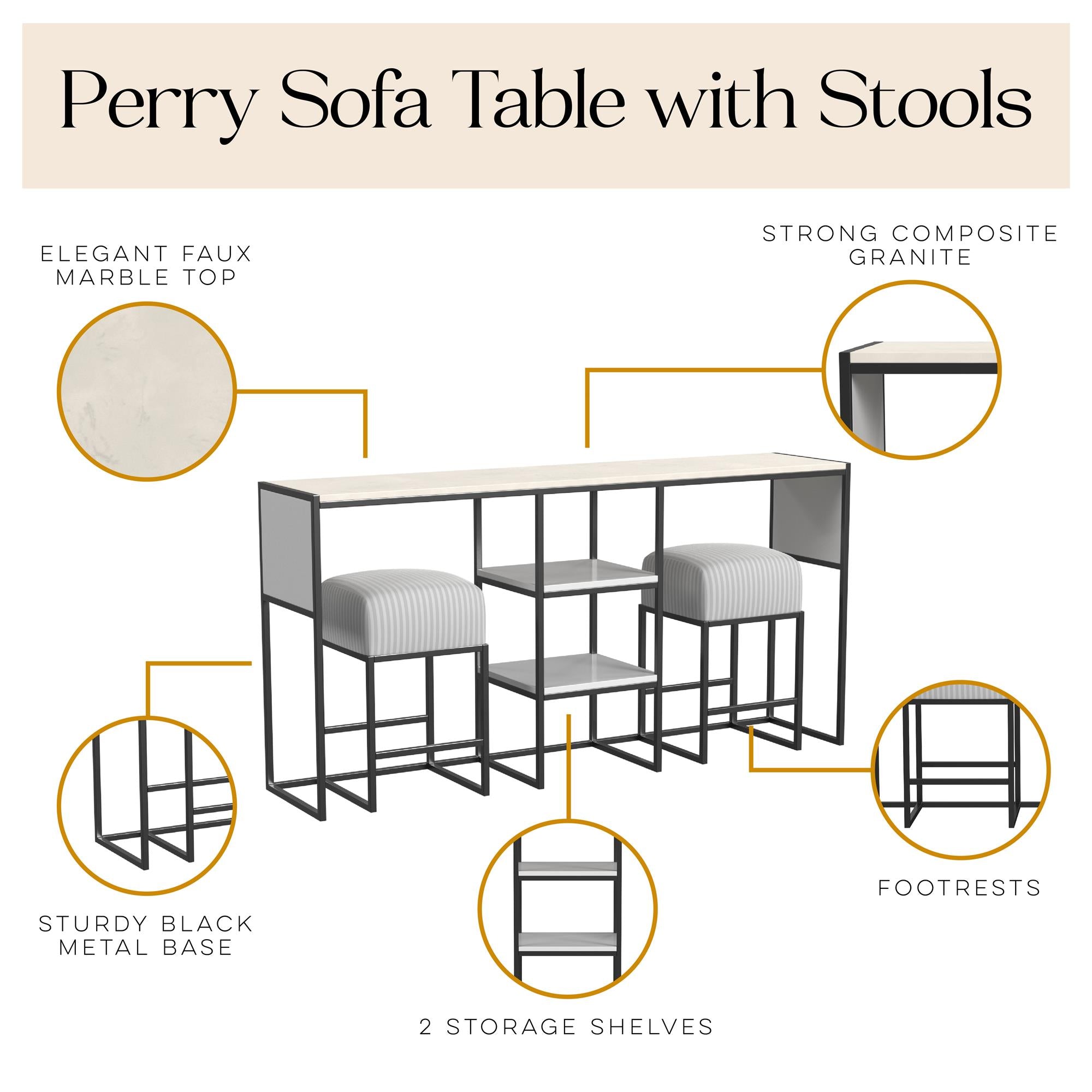 Cortney's Collection Perry Sofa Table with Stools - White