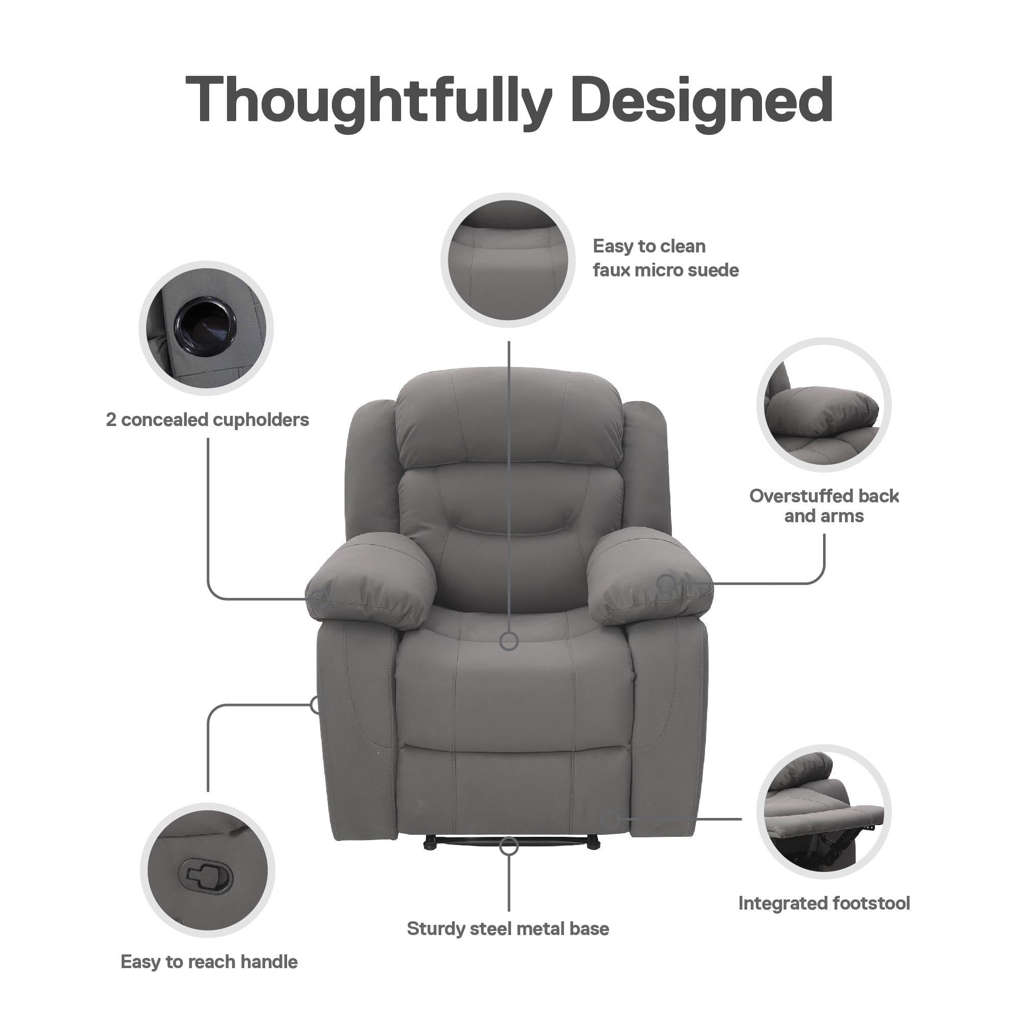 DHP Miller Pushback Recliner with Cupholder - Gray