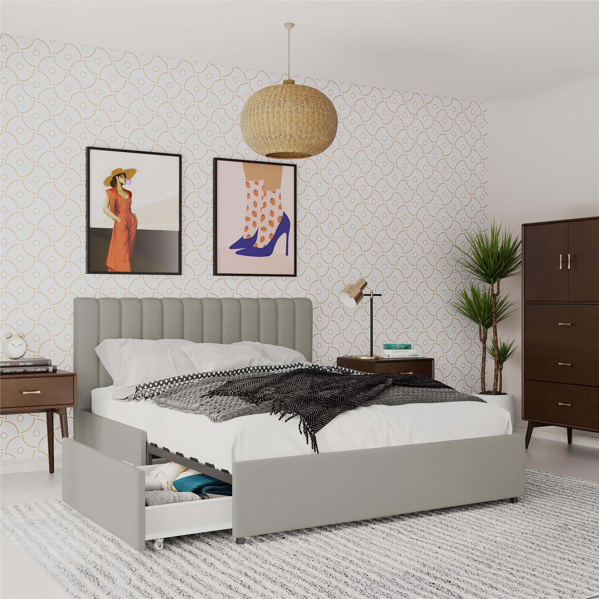 Novogratz Brittany Upholstered Bed with Storage Drawers - Light Gray - Full