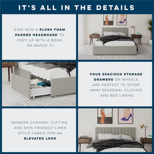 Novogratz Brittany Upholstered Bed with Storage Drawers - Light Gray - Full