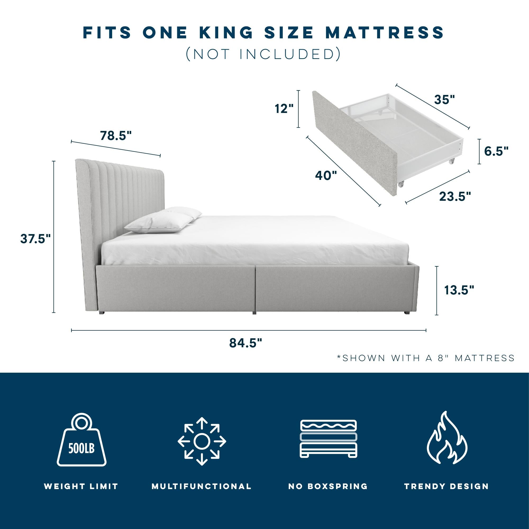 Novogratz Brittany Upholstered Bed with Storage Drawers - Light Gray - King