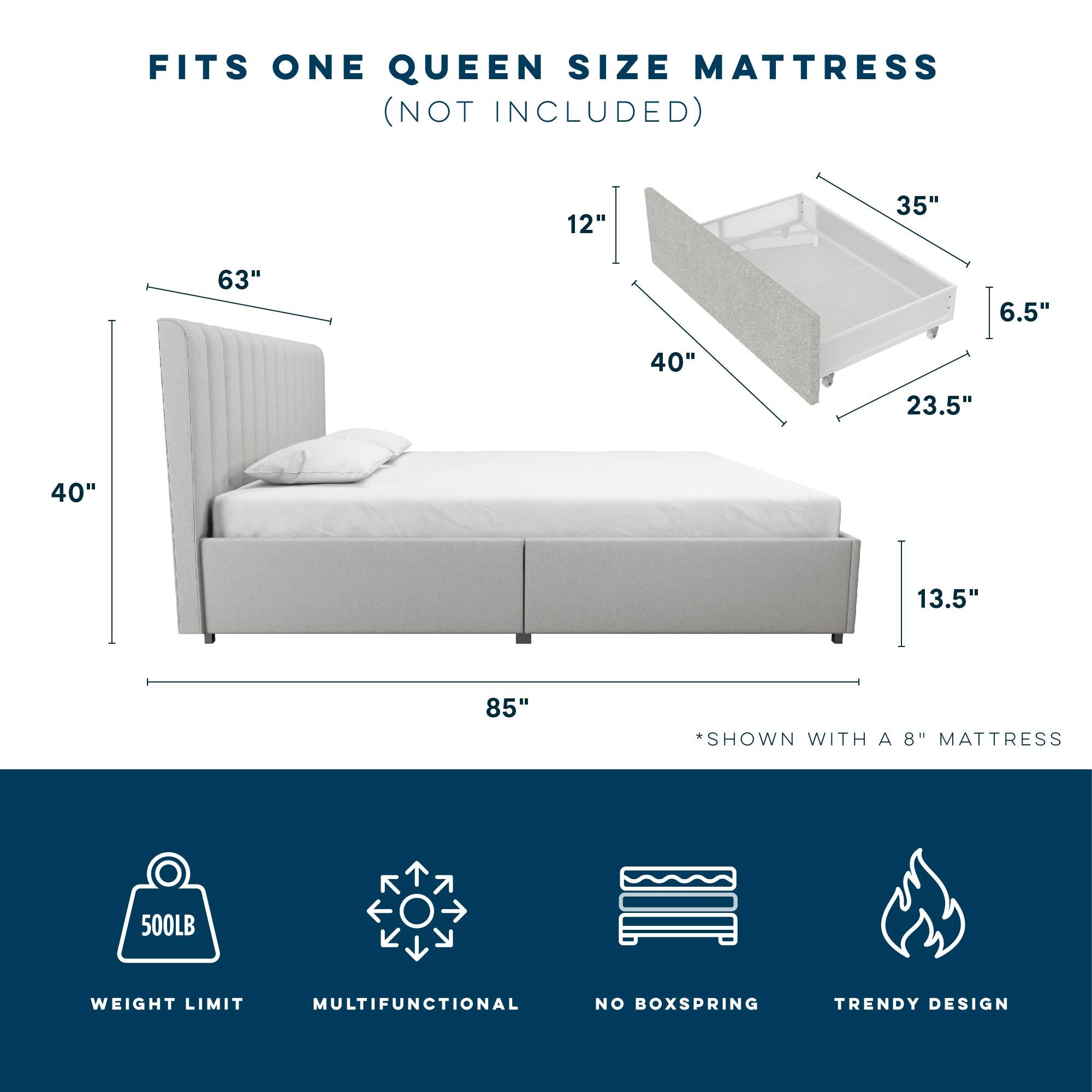 Novogratz Brittany Upholstered Bed with Storage Drawers - Light Gray - Queen