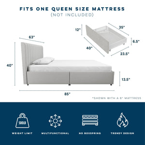 Novogratz Brittany Upholstered Bed with Storage Drawers - Light Gray - Queen