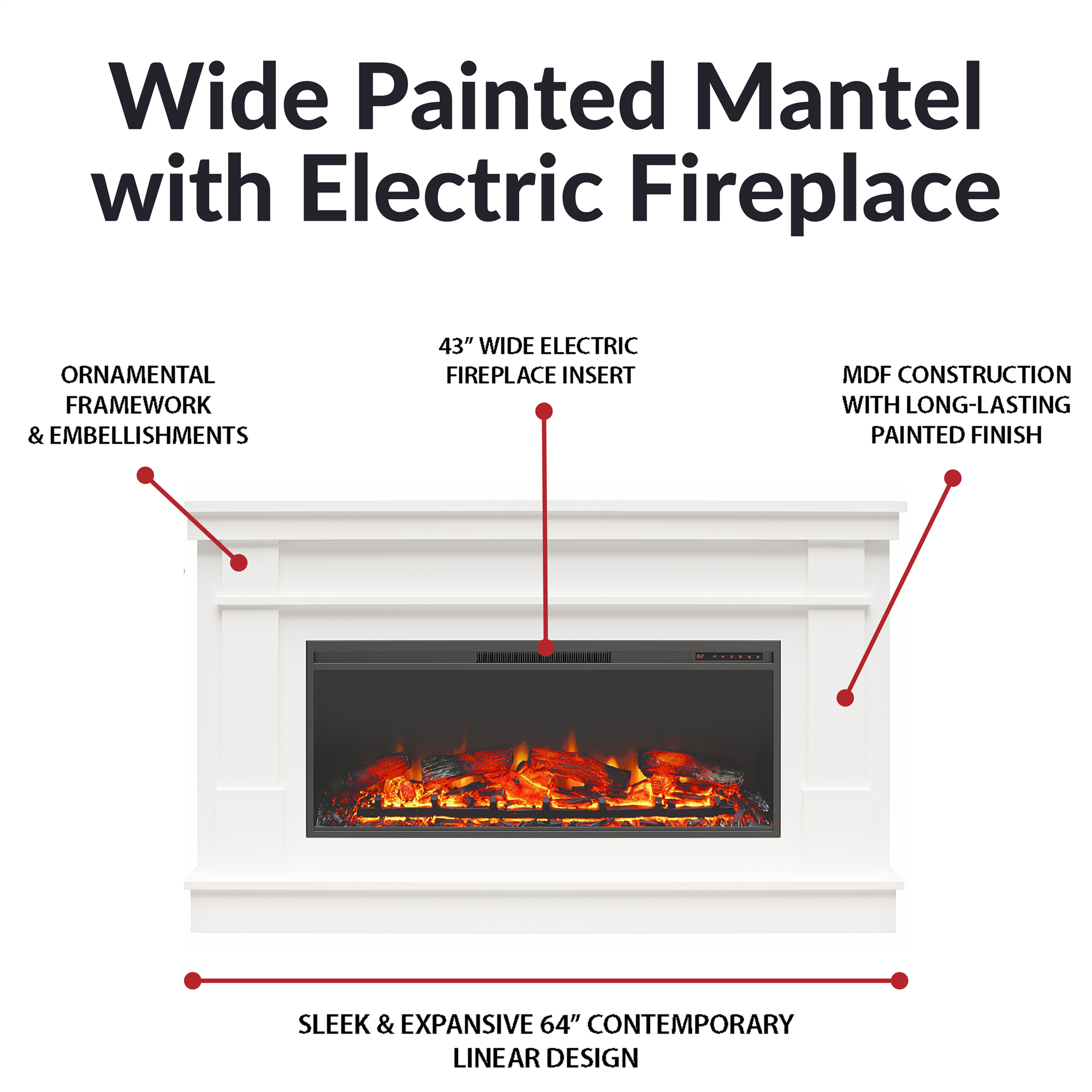 Ameriwood Home Elmcroft Wide Painted Mantel with Linear Electric Fireplace - White