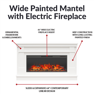 Ameriwood Home Elmcroft Wide Painted Mantel with Linear Electric Fireplace - White