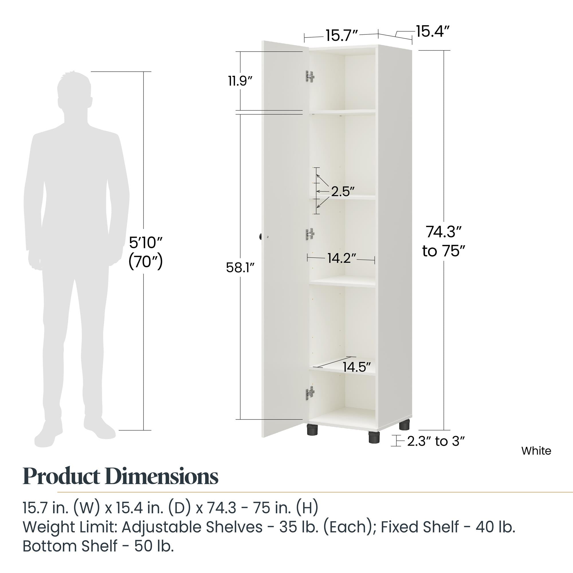 Systembuild Evolution Kendall Fluted 16" Wide 1 Door Storage Cabinet - White