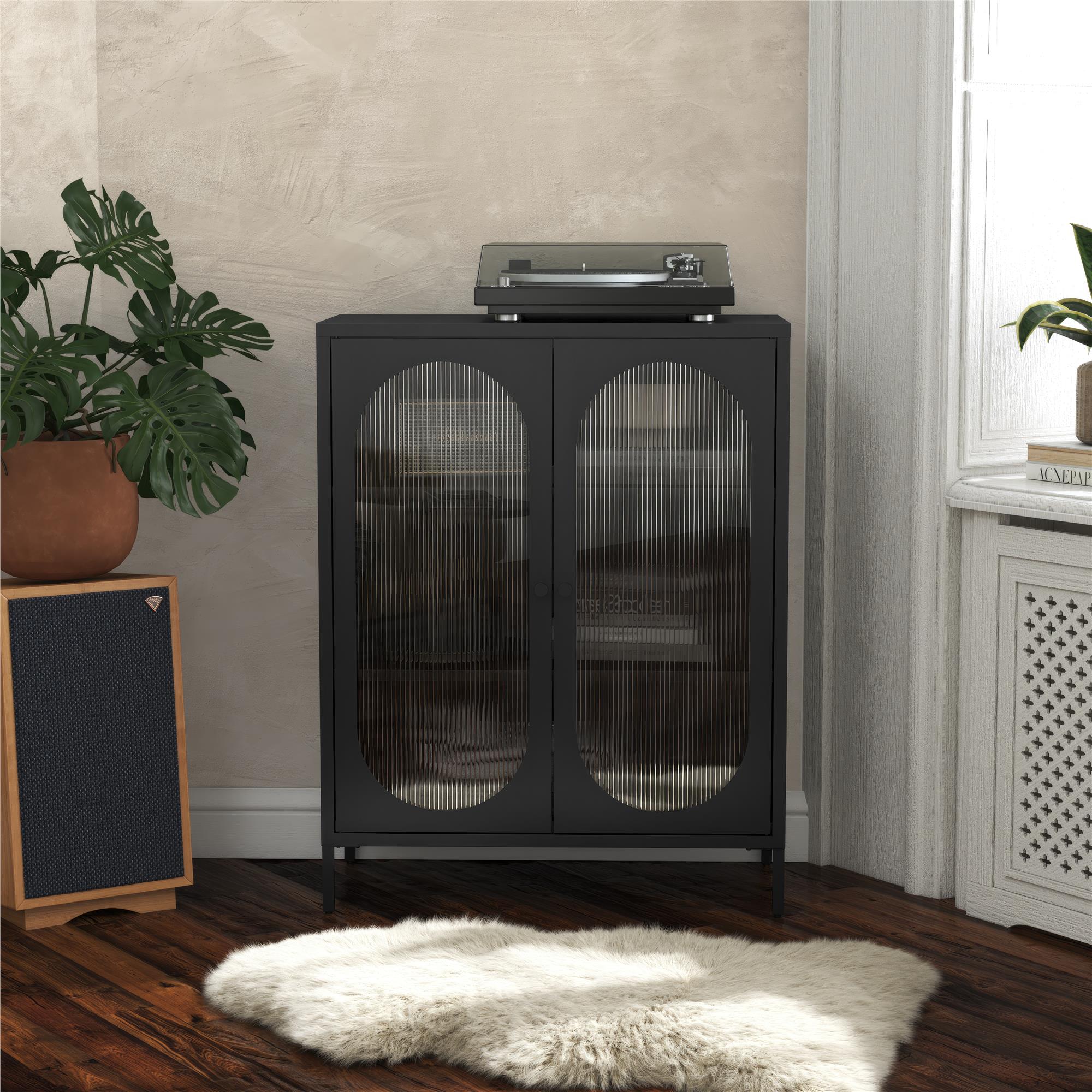 Mr. Kate Luna Short 2-Door Accent Cabinet with Fluted Glass - Black