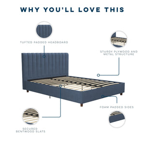 Novogratz Brittany Upholstered Bed with Storage Drawers - Blue Linen - Queen