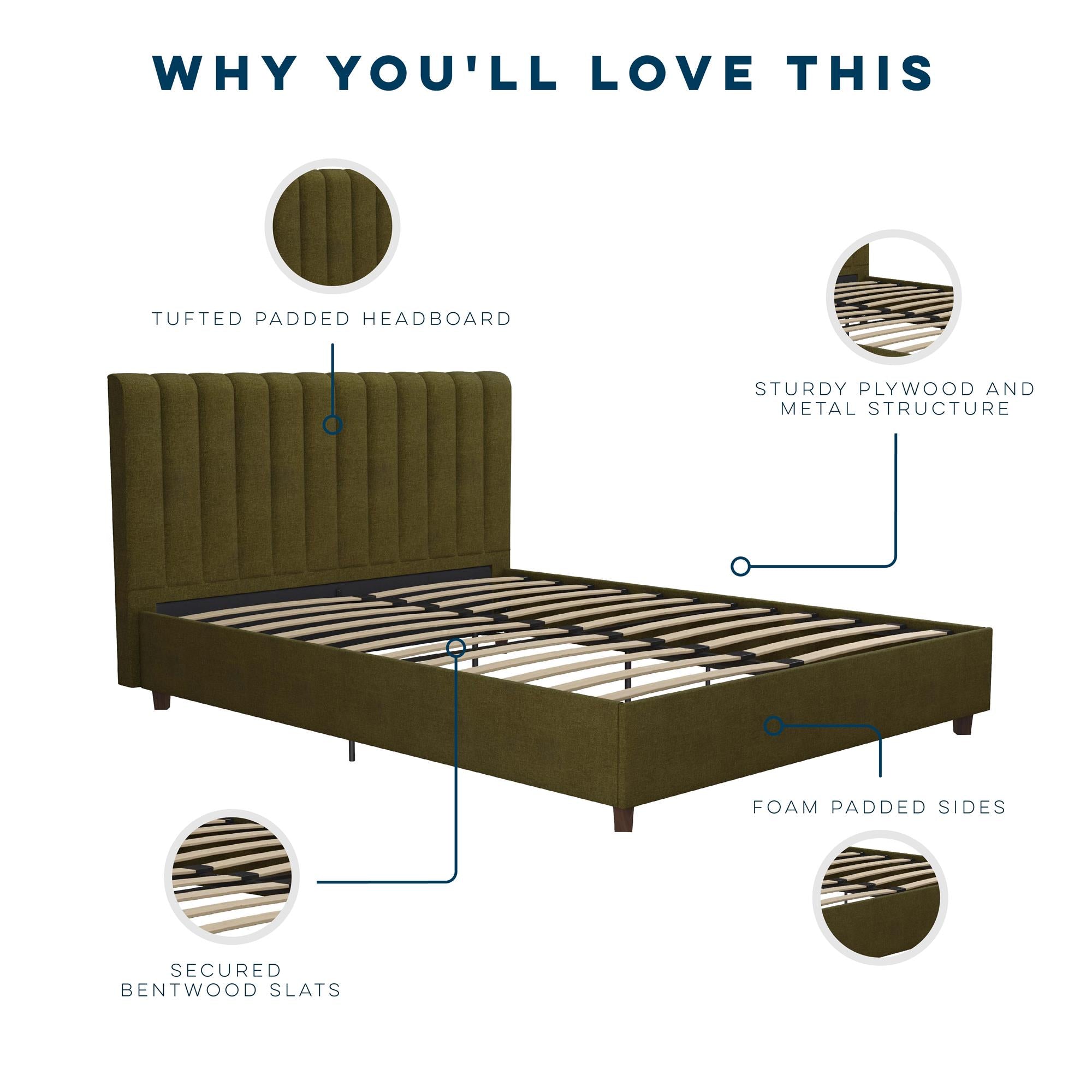Novogratz Brittany Upholstered Bed with Storage Drawers - Green - Queen