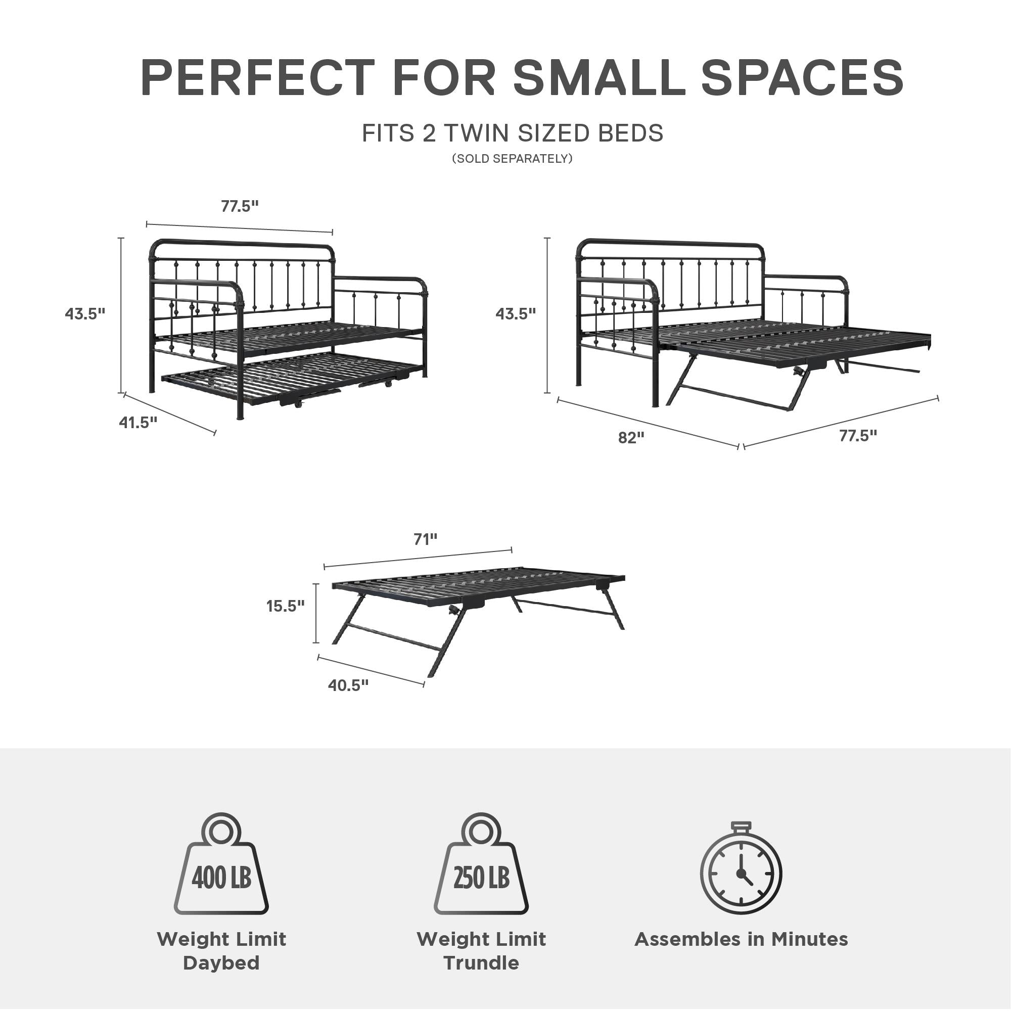 DHP Locky Metal Daybed with Pop Up Trundle - Black - Twin-Over-Twin