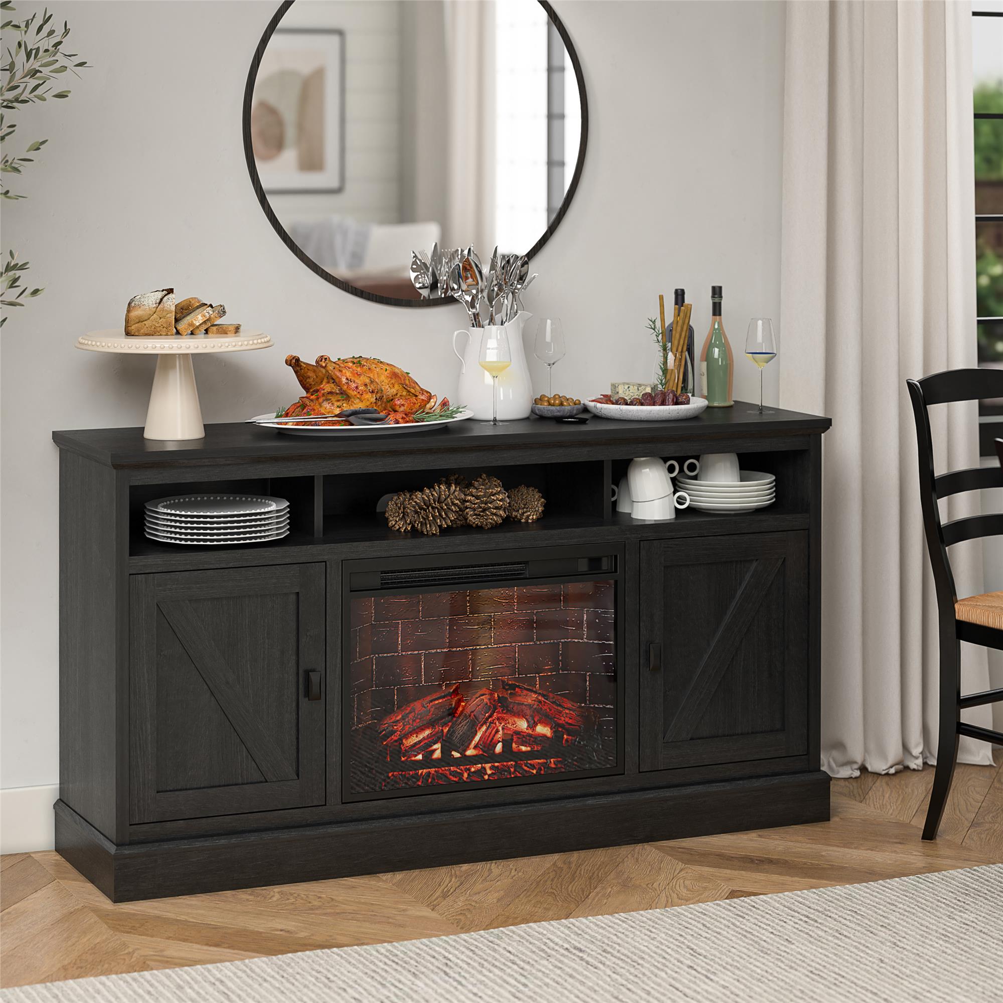Ameriwood Home Ashton Lane Electric Fireplace TV Stand with Remote for TVs up to 65in - Black Oak