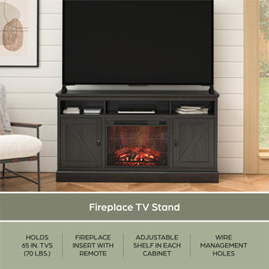 Ameriwood Home Ashton Lane Electric Fireplace TV Stand with Remote for TVs up to 65in - Black Oak