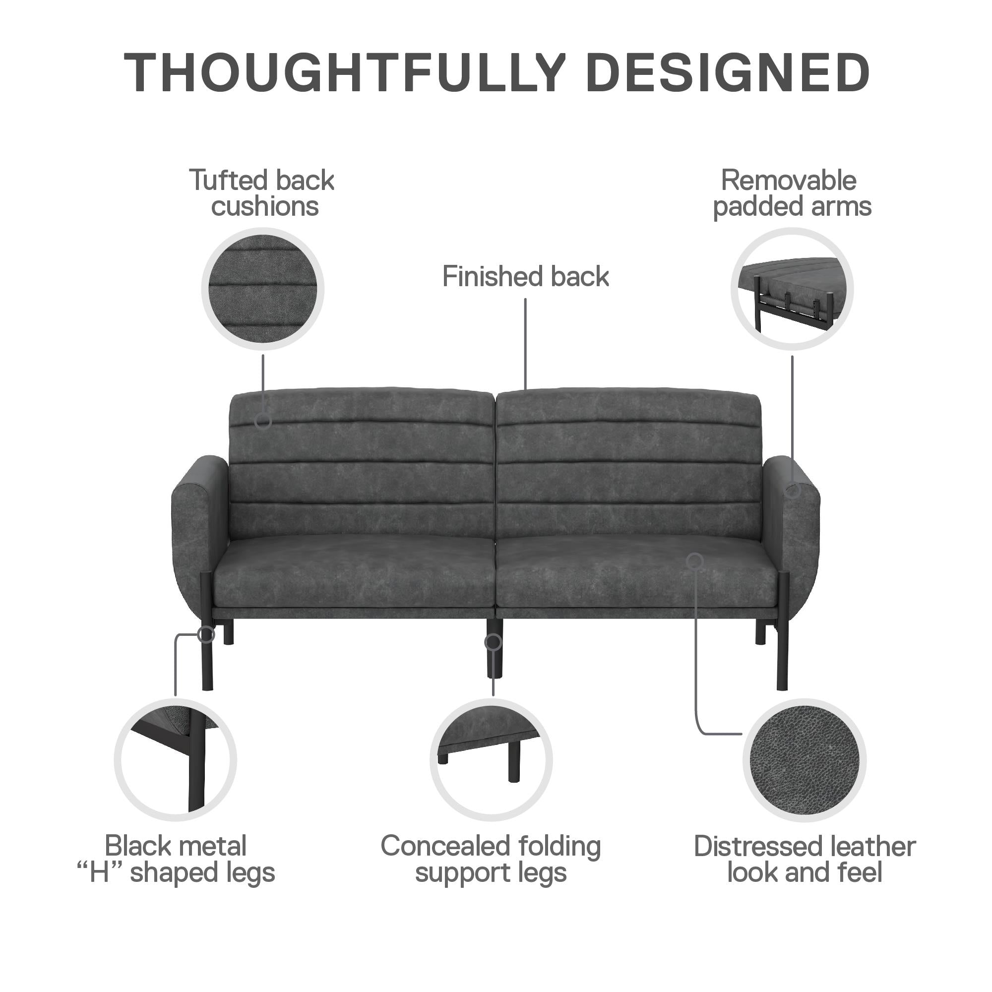 DHP Sadie Futon Sofa Bed - Distressed Charcoal Black