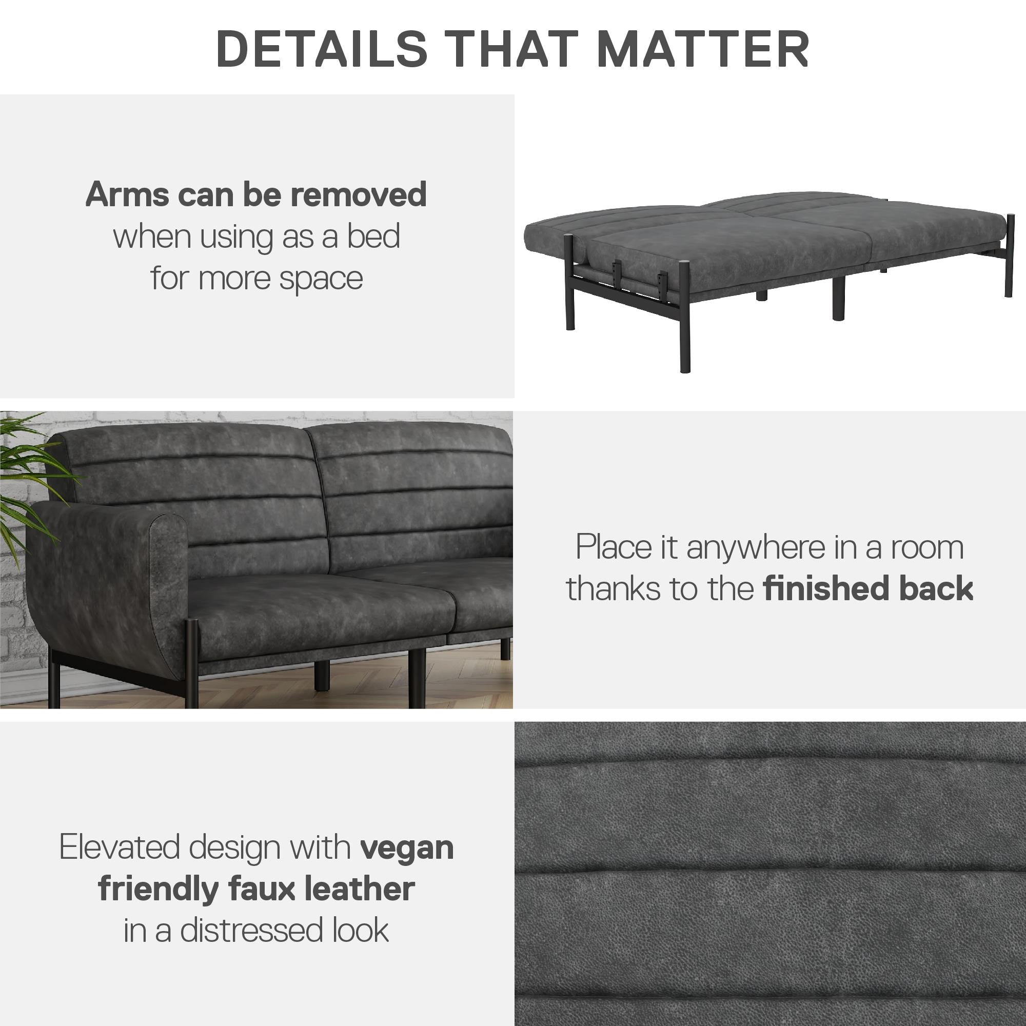 DHP Sadie Futon Sofa Bed - Distressed Charcoal Black