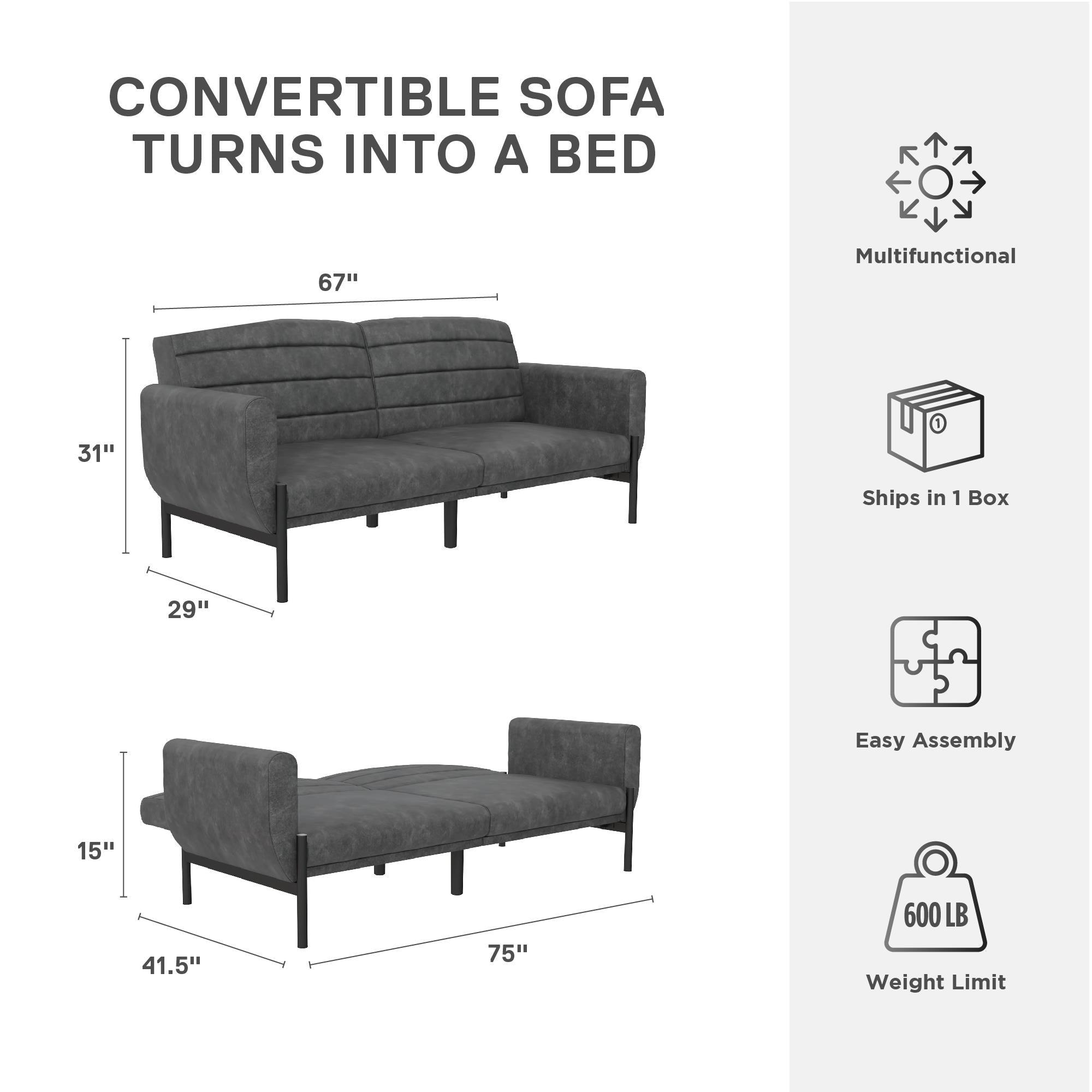 DHP Sadie Futon Sofa Bed - Distressed Charcoal Black