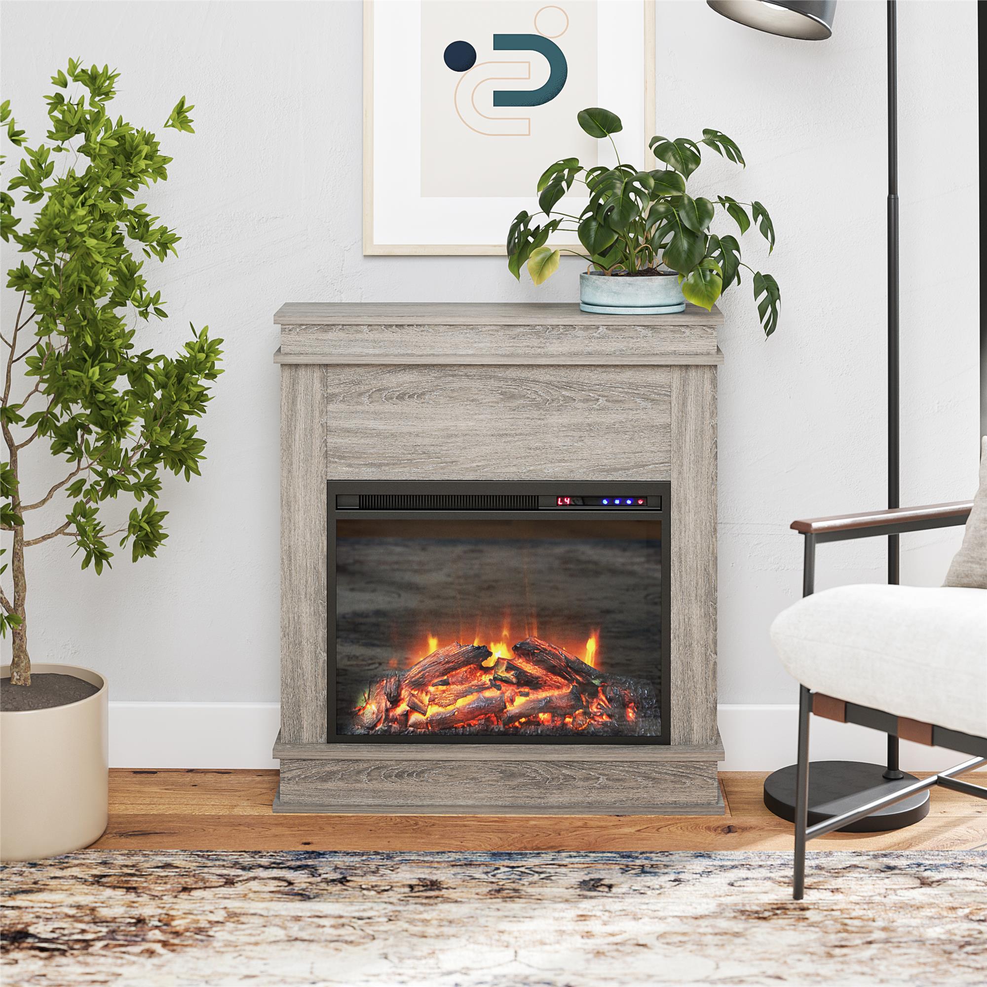 Ameriwood Home Mateo Electric Fireplace with Mantel and Touchscreen Display - Gray Oak