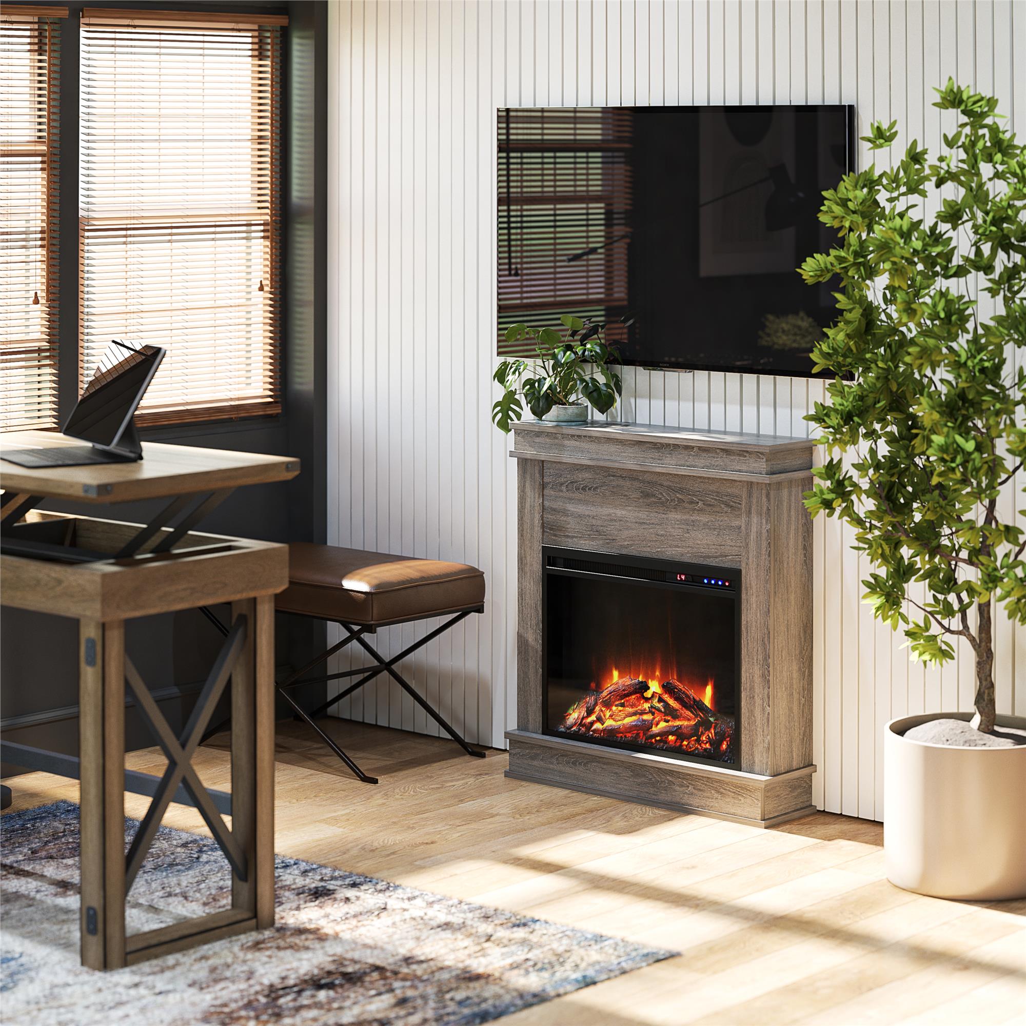 Ameriwood Home Mateo Electric Fireplace with Mantel and Touchscreen Display - Gray Oak