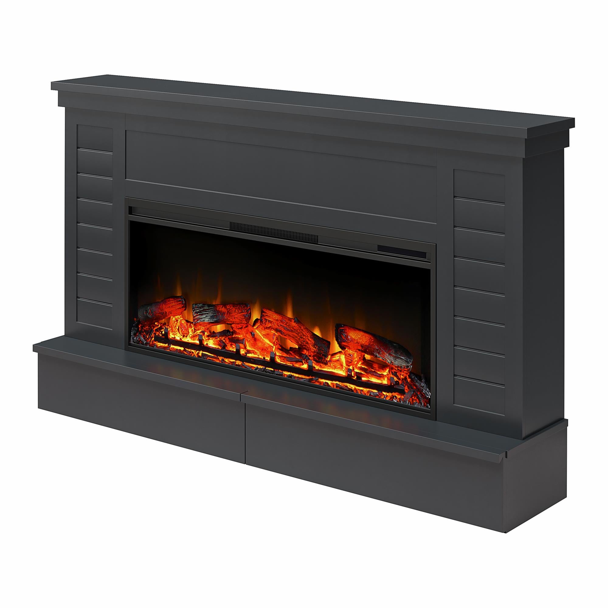 Ameriwood Home Hathaway Wide Shiplap Mantel with Linear Electric Fireplace and Storage Drawers - Black