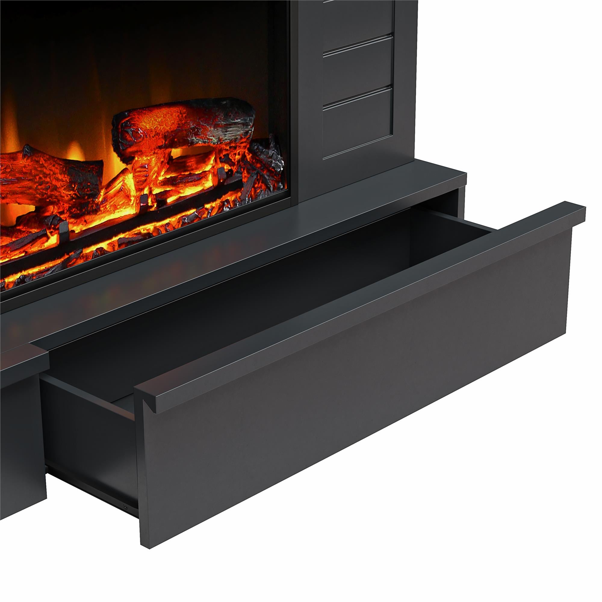 Ameriwood Home Hathaway Wide Shiplap Mantel with Linear Electric Fireplace and Storage Drawers - Black