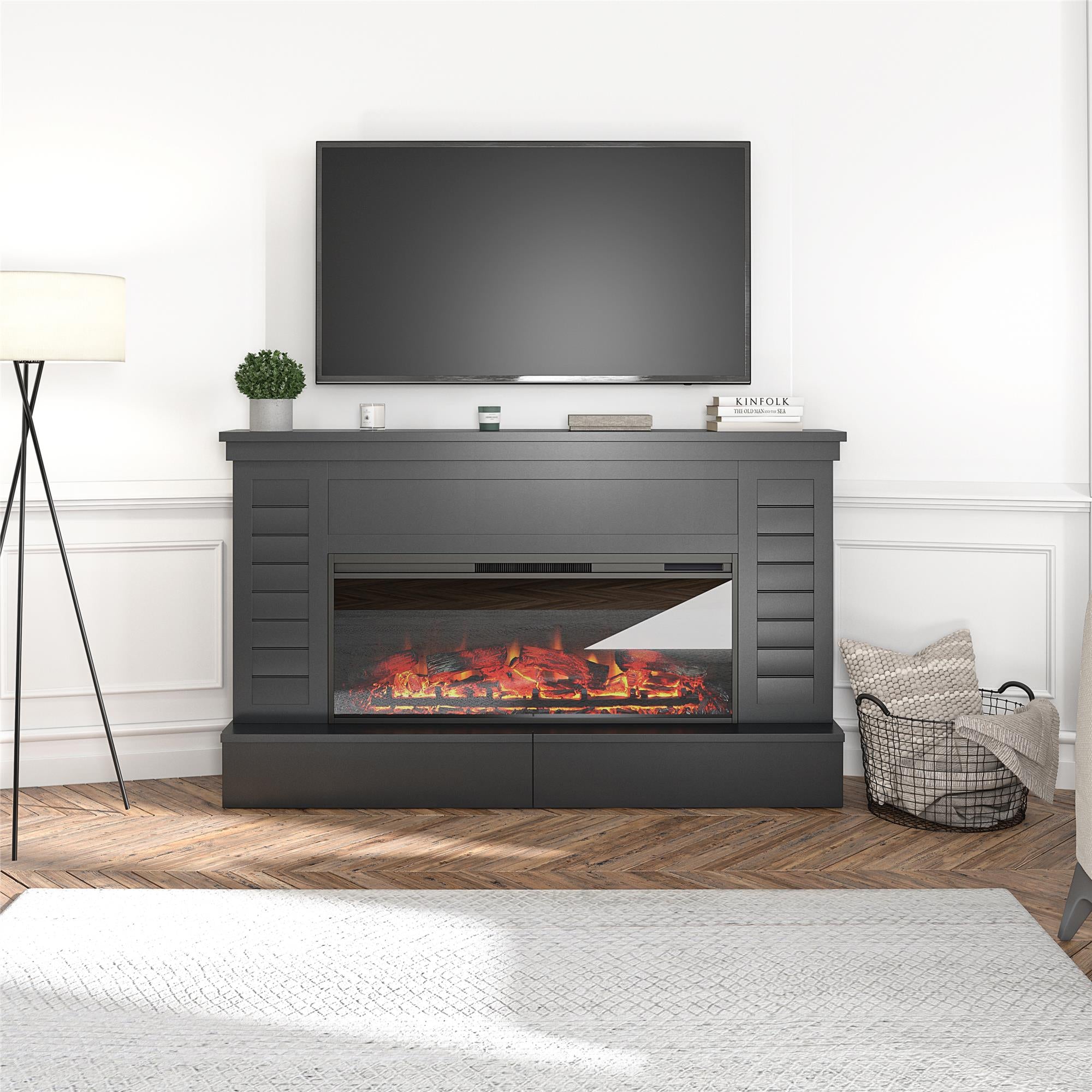 Ameriwood Home Hathaway Wide Shiplap Mantel with Linear Electric Fireplace and Storage Drawers - Black