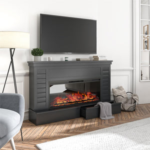 Ameriwood Home Hathaway Wide Shiplap Mantel with Linear Electric Fireplace and Storage Drawers - Black
