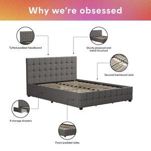 CosmoLiving Elizabeth Upholstered Bed with Storage - Grey Linen - Queen