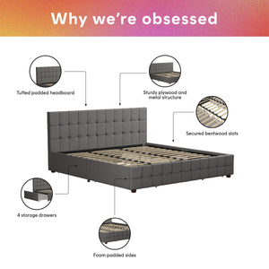 CosmoLiving Elizabeth Upholstered Bed with Storage - Grey Linen - King