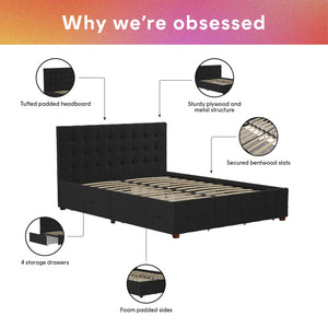 CosmoLiving Elizabeth Upholstered Bed with Storage - Black - Queen