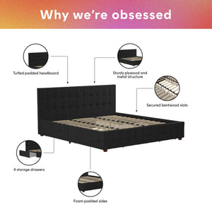CosmoLiving Elizabeth Upholstered Bed with Storage - Black - King