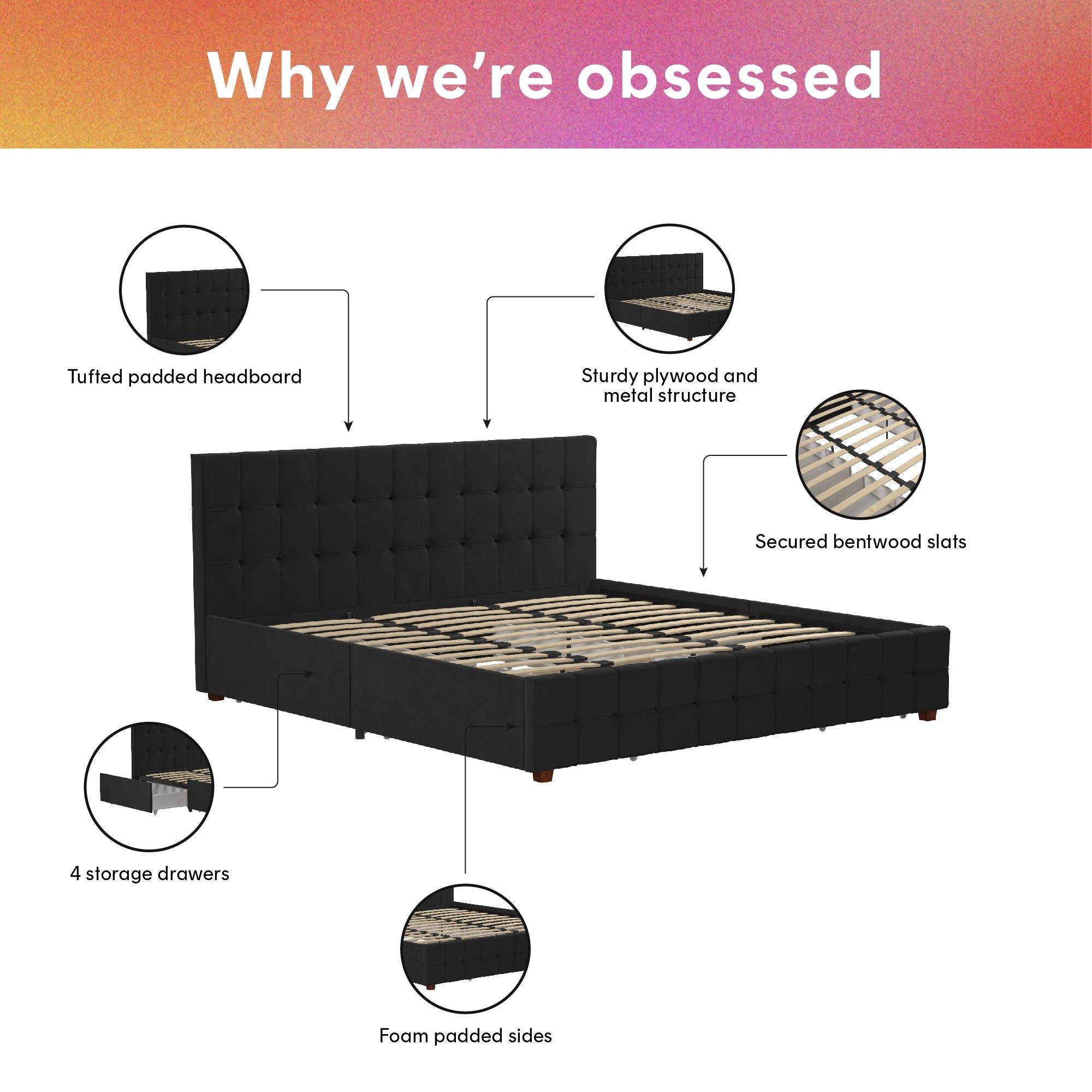 CosmoLiving Elizabeth Upholstered Bed with Storage - Black - King