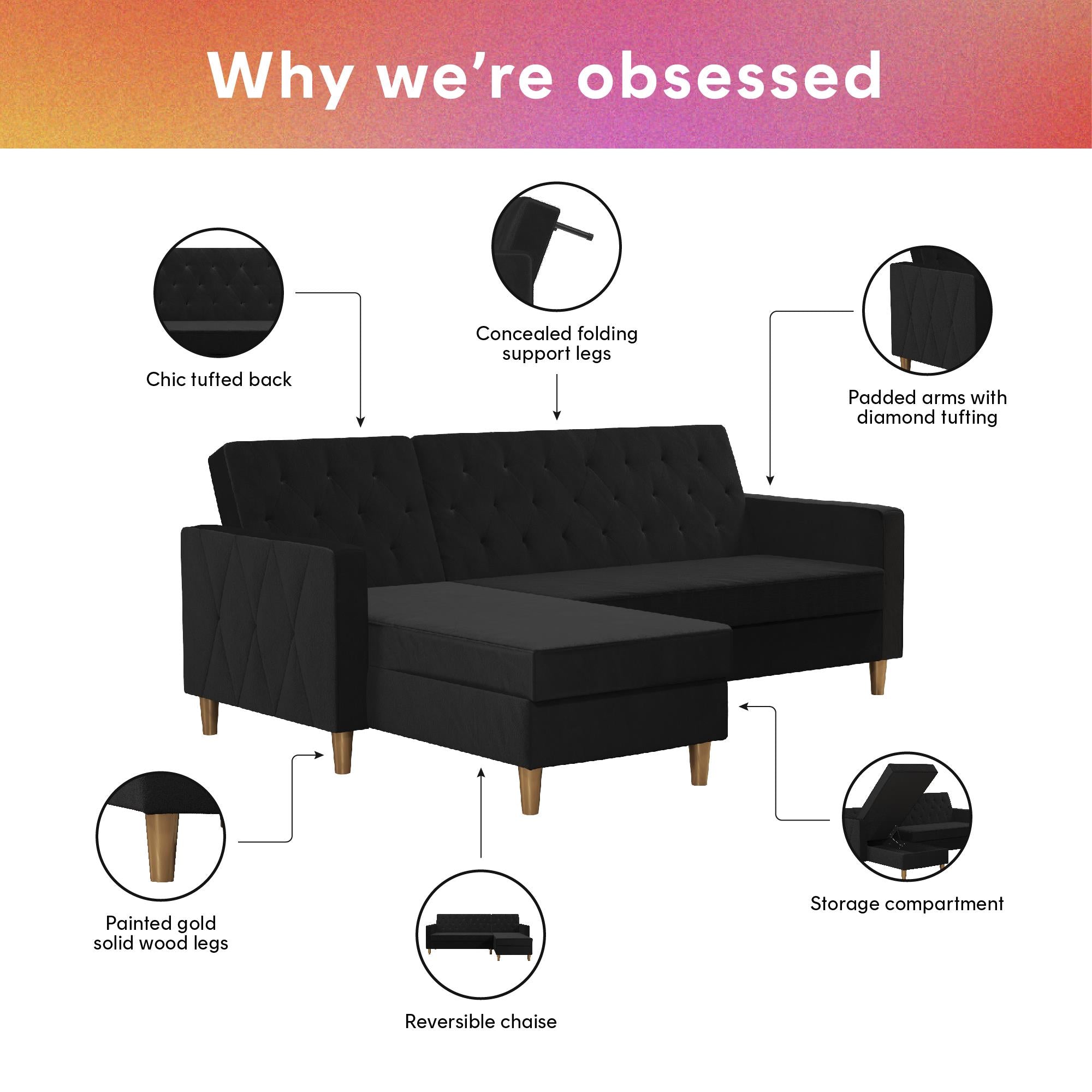 CosmoLiving Liberty Sectional Futon Sofa Bed with Storage - Black