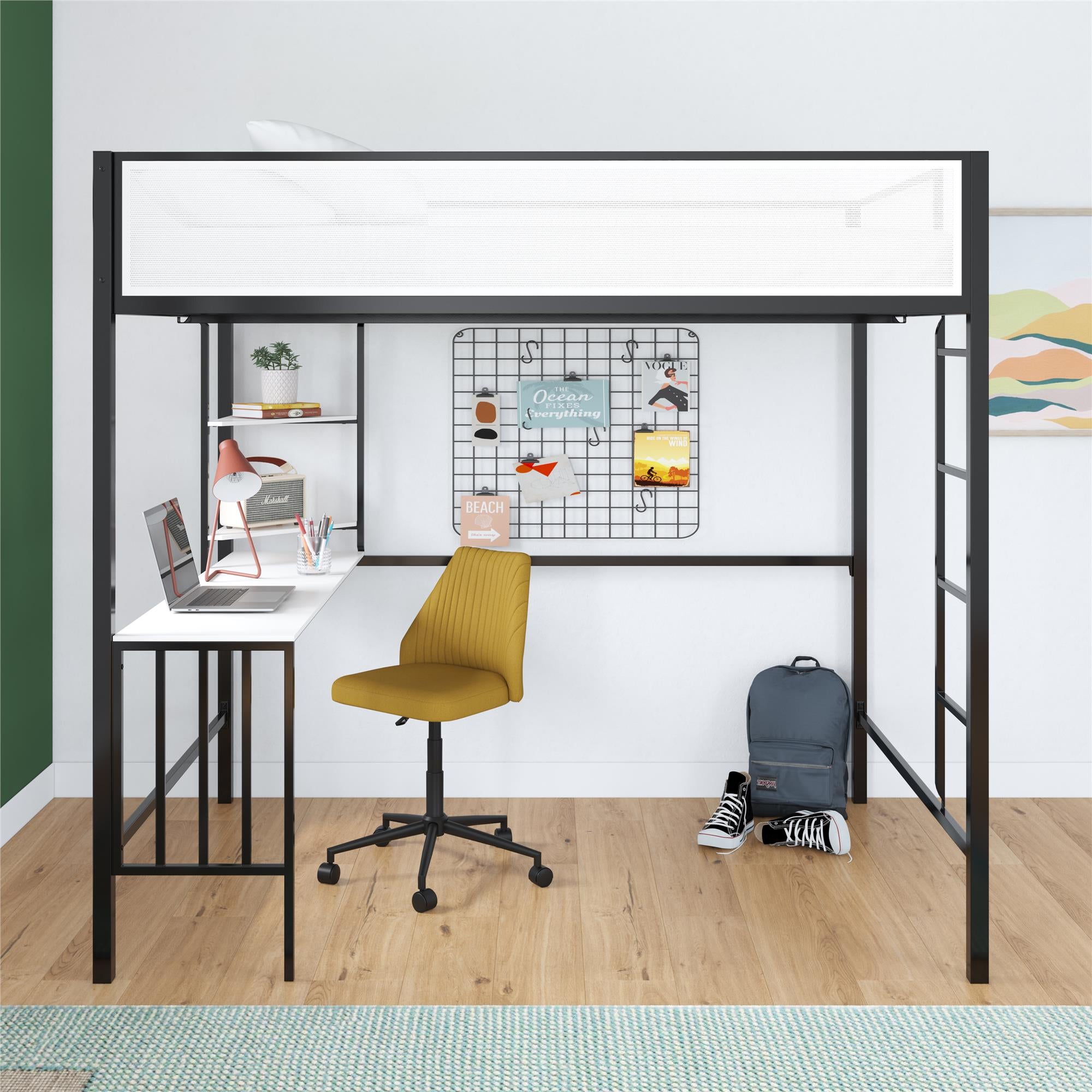 Novogratz Axel Full Loft Bed with Desk & Shelves - White/Black - Full