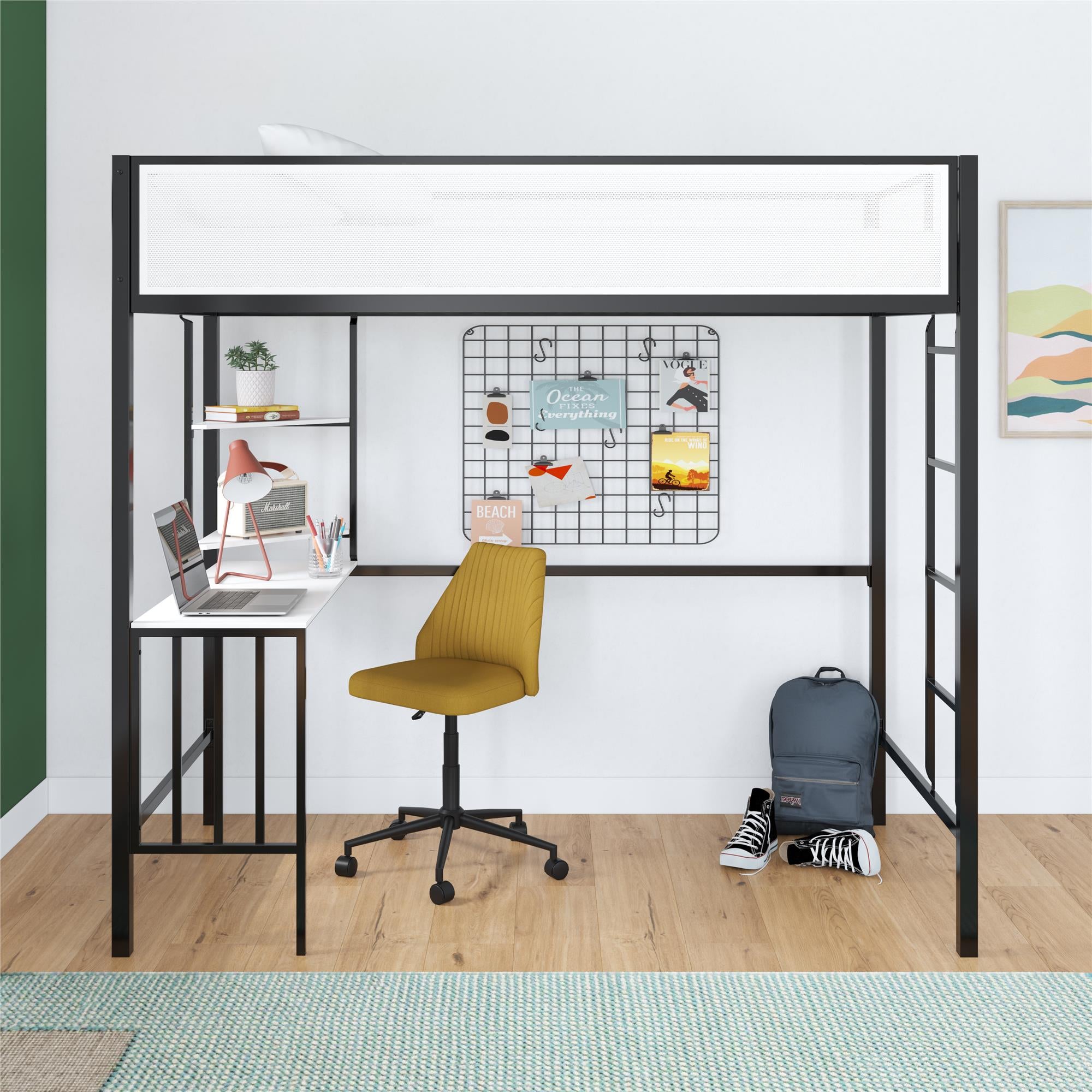 Novogratz Axel Twin Loft Bed with Desk & Shelves - White/Black - Twin