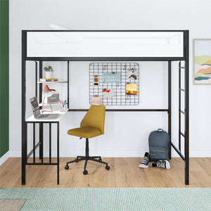 Novogratz Axel Twin Loft Bed with Desk & Shelves - White/Black - Twin