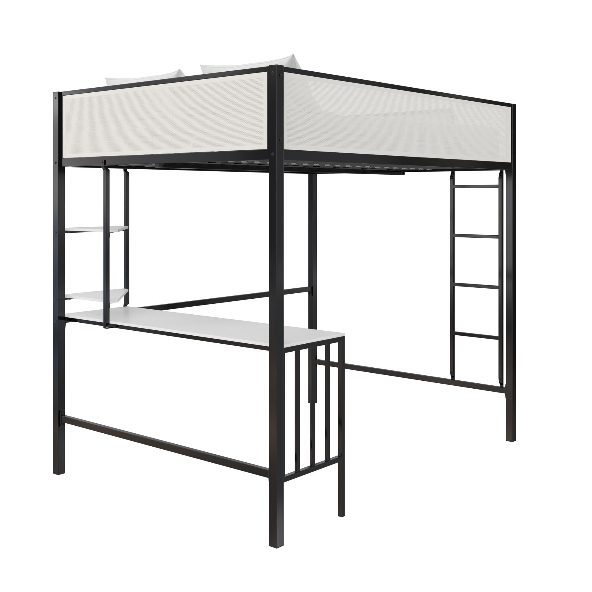 Novogratz Axel Full Loft Bed with Desk & Shelves - White/Black - Full