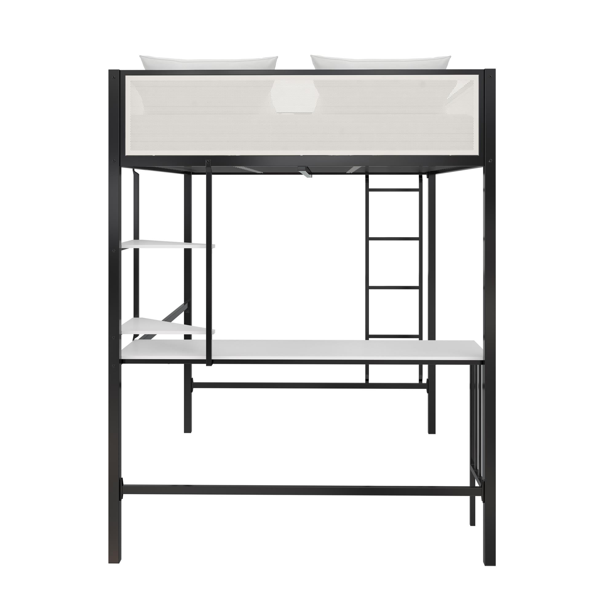 Novogratz Axel Full Loft Bed with Desk & Shelves - White/Black - Full
