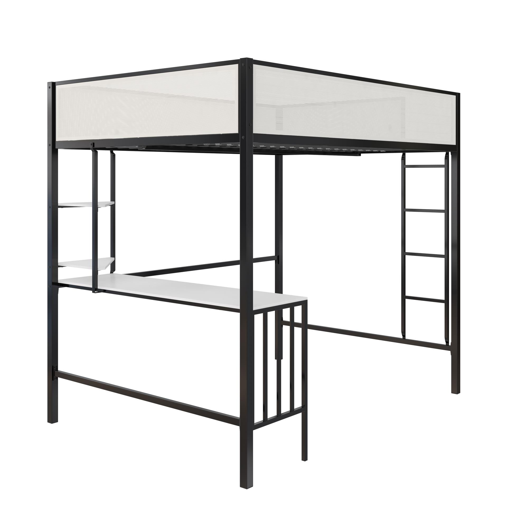 Novogratz Axel Full Loft Bed with Desk & Shelves - White/Black - Full