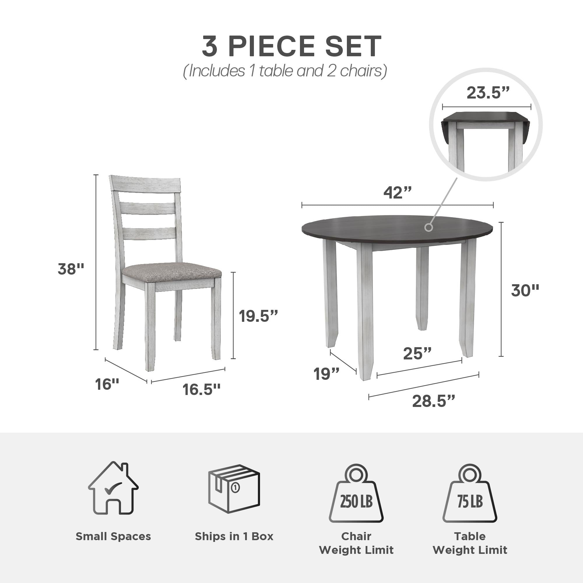 DHP Jersey 3-Piece Drop Leaf Wood Dining Set - Oyster