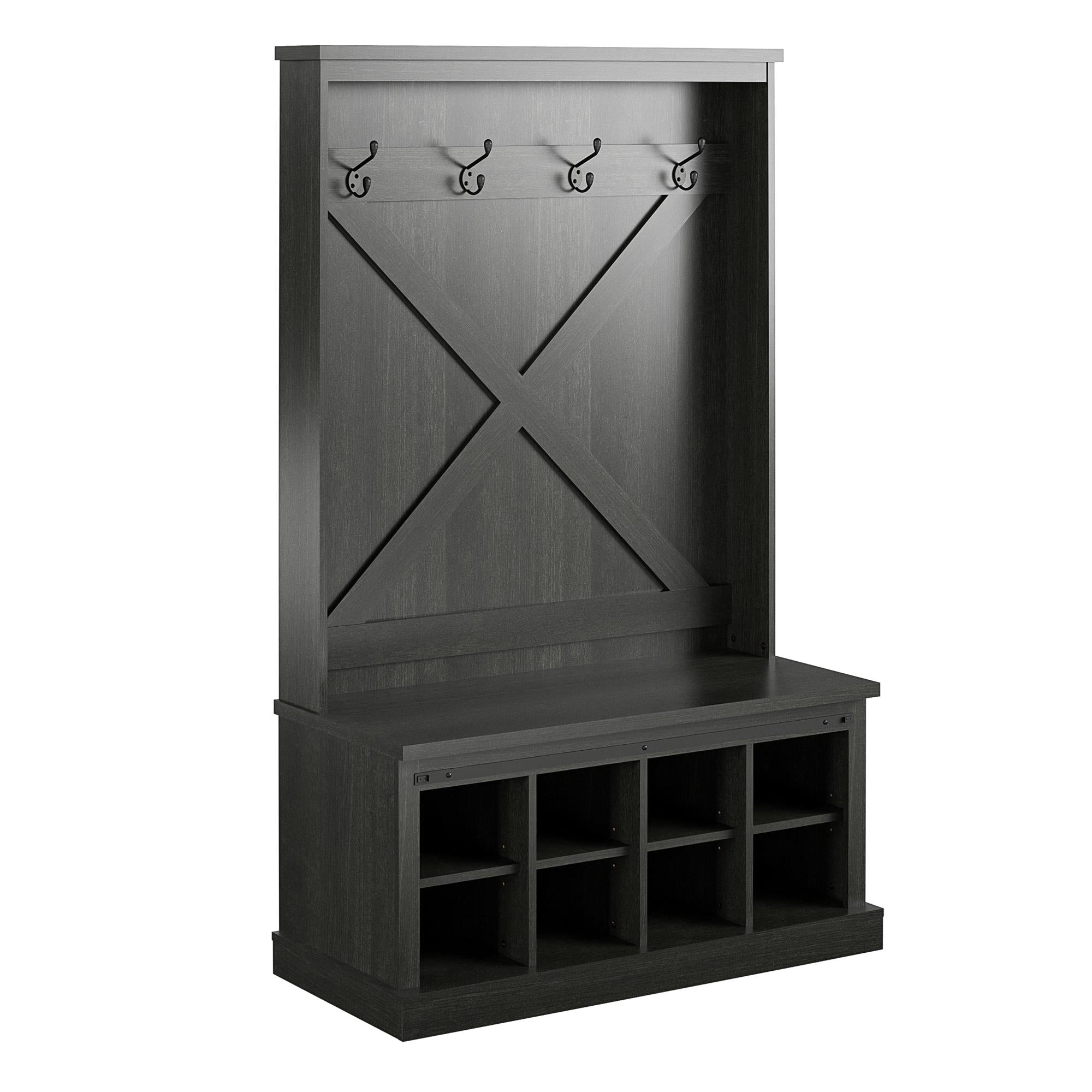 Knox County Entryway Bench Hall Tree with Coat Hooks and Shoe Storage, Black Oak - Black Oak