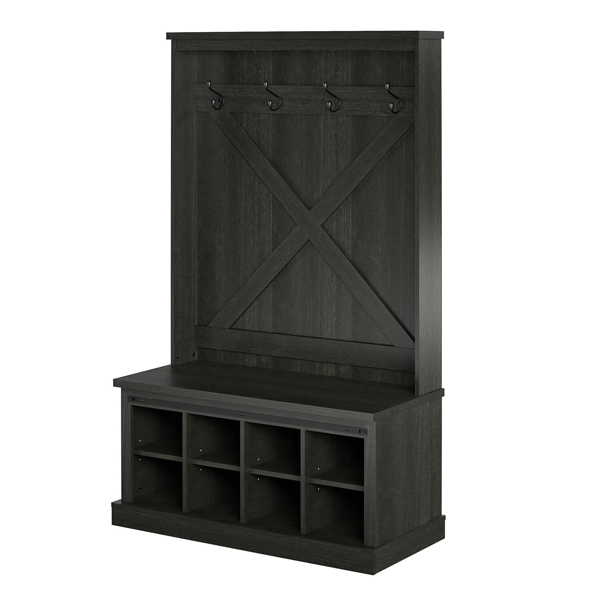 Knox County Entryway Bench Hall Tree with Coat Hooks and Shoe Storage, Black Oak - Black Oak
