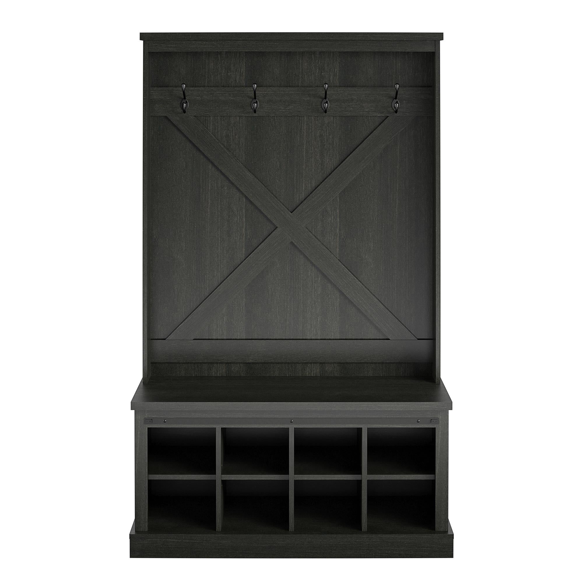 Knox County Entryway Bench Hall Tree with Coat Hooks and Shoe Storage, Black Oak - Black Oak
