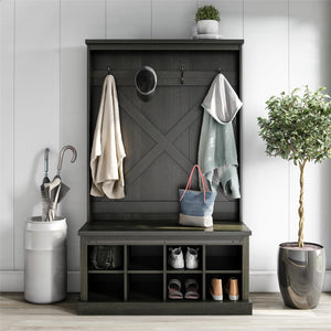 Knox County Entryway Bench Hall Tree with Coat Hooks and Shoe Storage, Black Oak - Black Oak