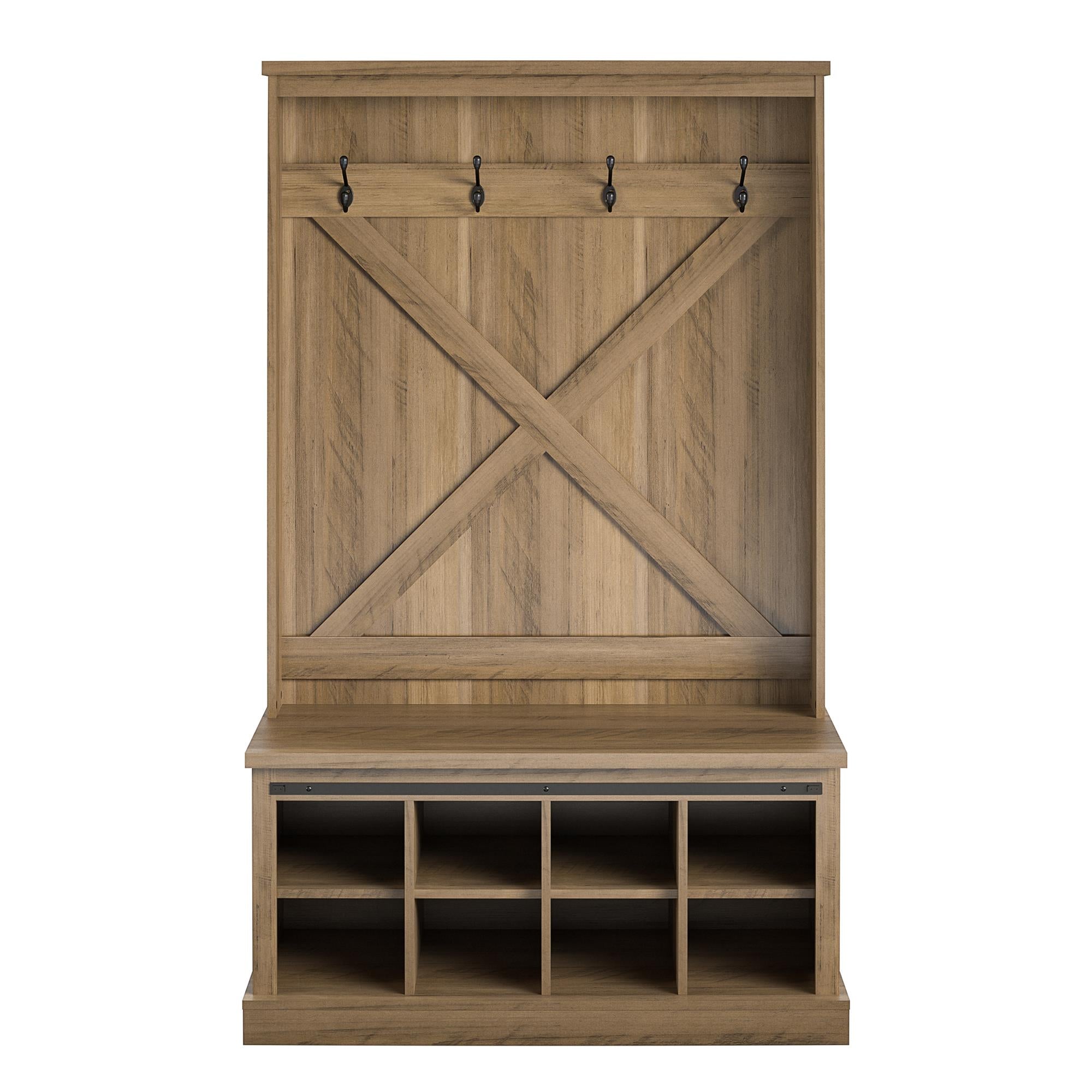 Knox County Entryway Bench Hall Tree with Coat Hooks and Shoe Storage, Rustic Oak - Rustic Oak