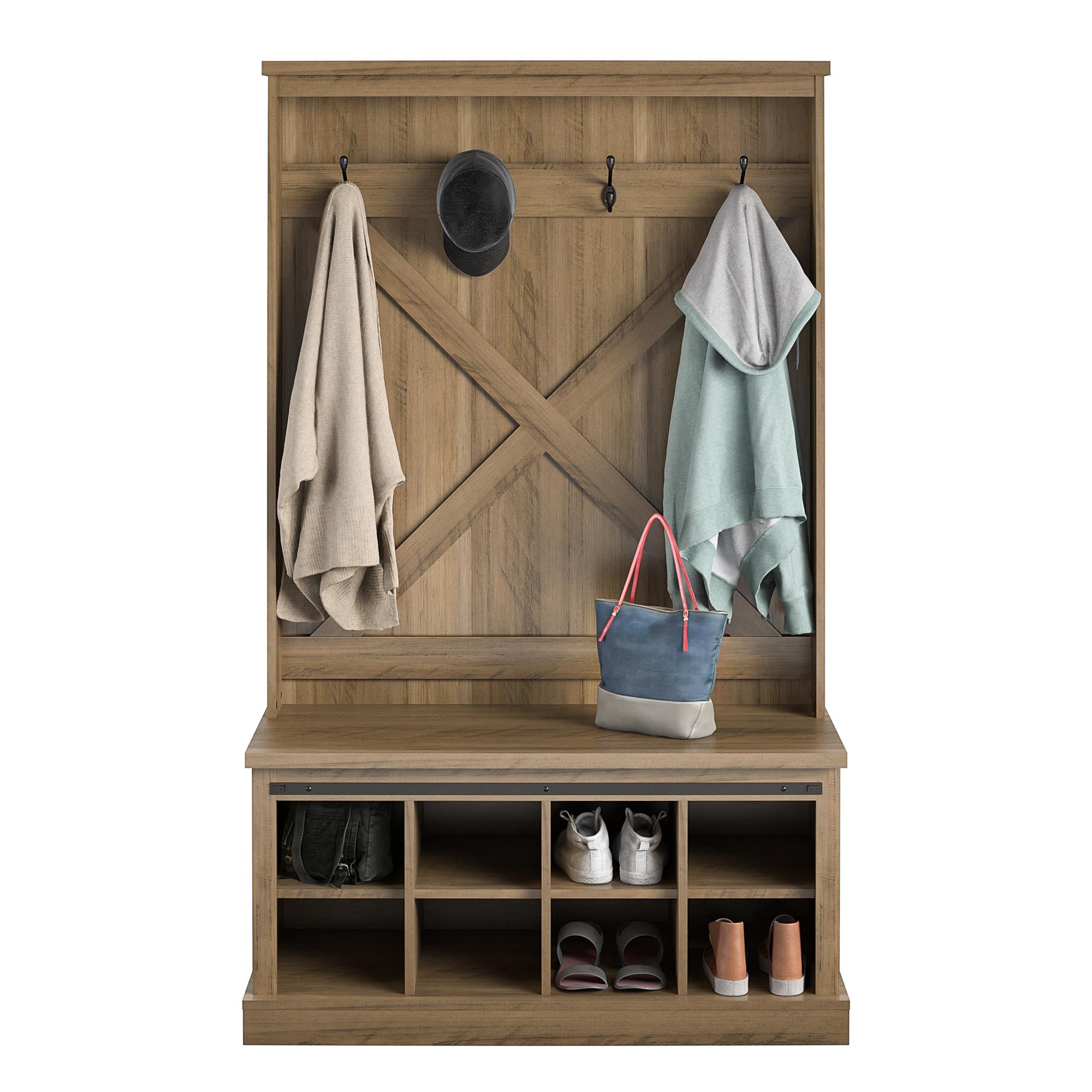 Knox County Entryway Bench Hall Tree with Coat Hooks and Shoe Storage, Rustic Oak - Rustic Oak
