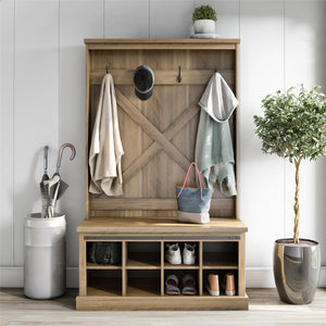 Knox County Entryway Bench Hall Tree with Coat Hooks and Shoe Storage, Rustic Oak - Rustic Oak