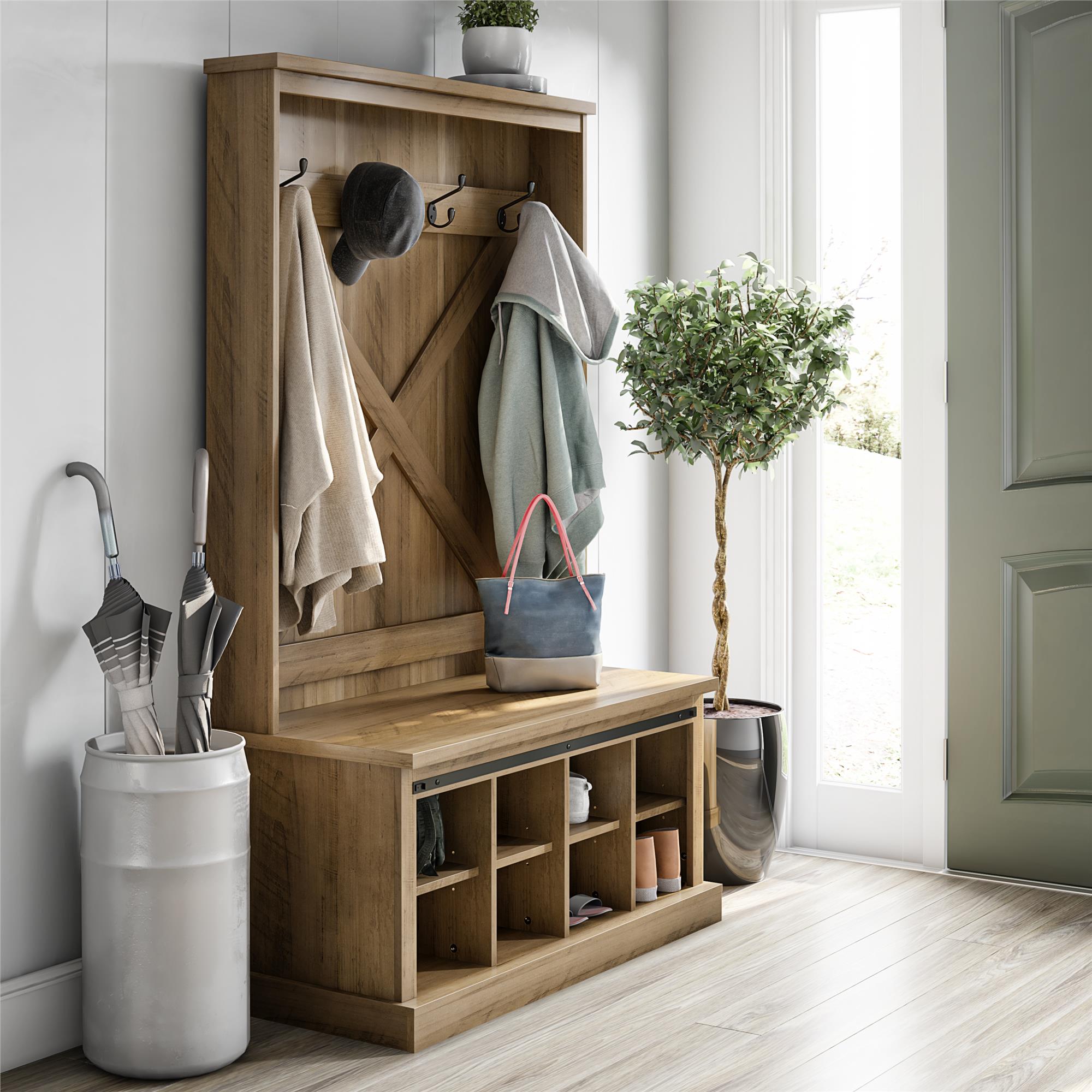 Knox County Entryway Bench Hall Tree with Coat Hooks and Shoe Storage, Rustic Oak - Rustic Oak